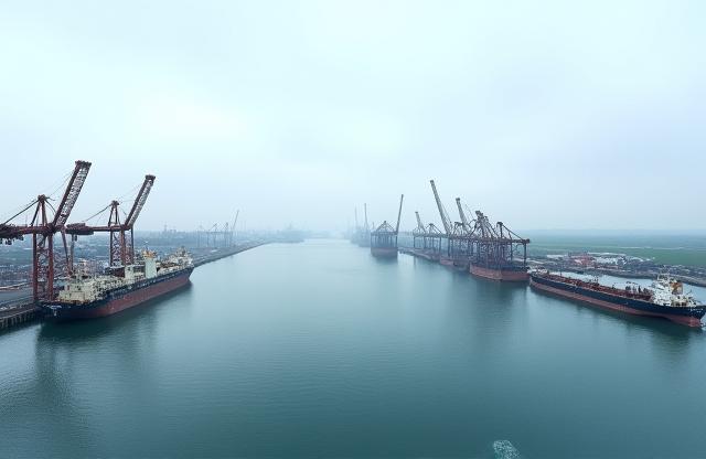 View of Rostock Port with cranes and ships