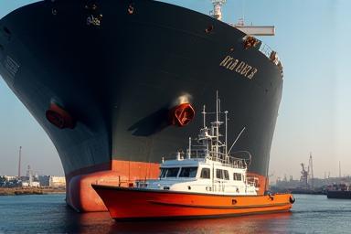 Harbor pilot boat near a large cargo ship in Rostock
