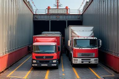 Large Ro-Ro vessel being loaded with trucks